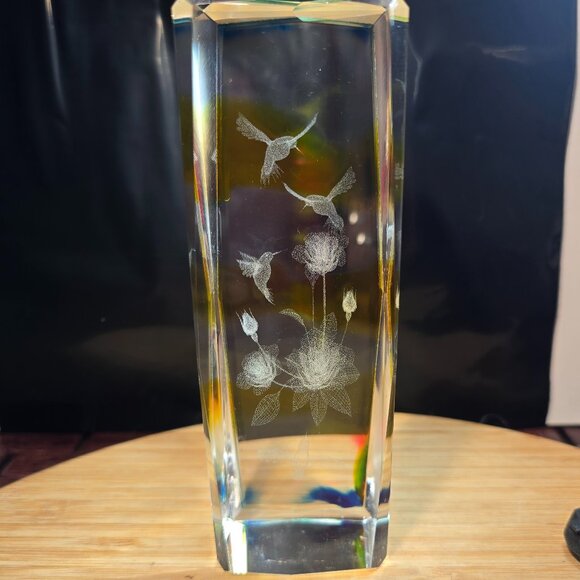Vintage Art Glass Etched Hummingbird Rectangle Paperweight Bird & Flower - Picture 1 of 7